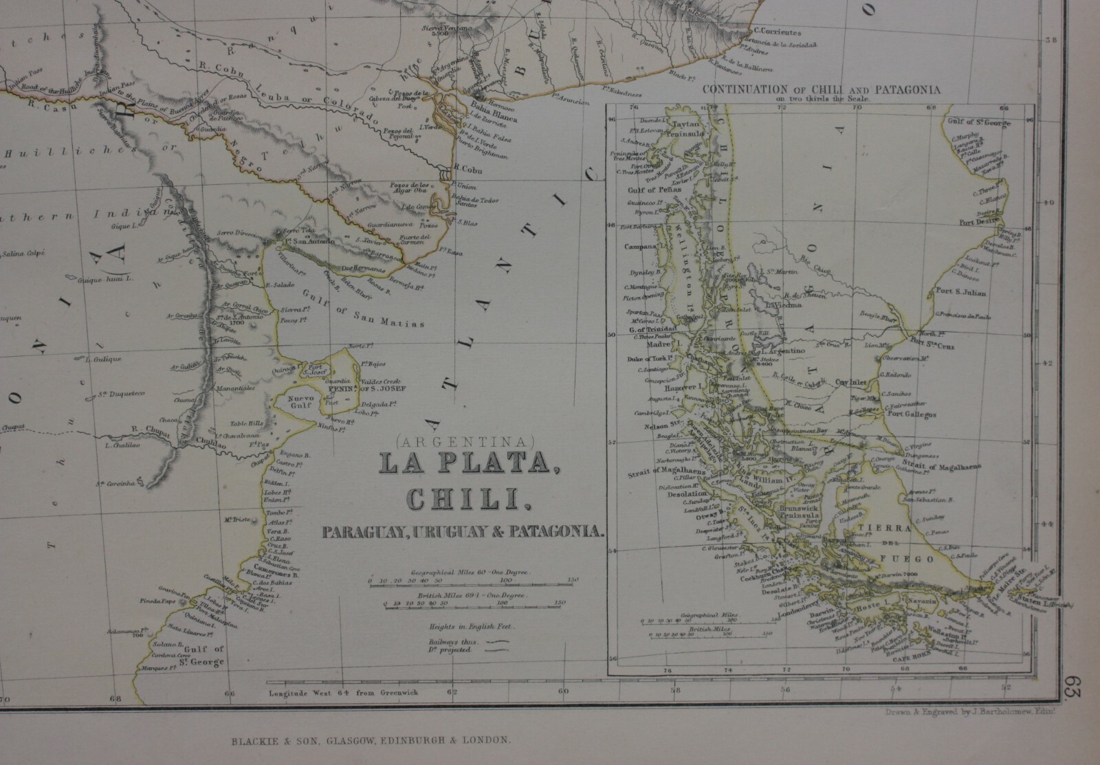 ARGENTINA, CHILE, PATAGONIA, PARAGUAY, original antique map, Blackie, 1882