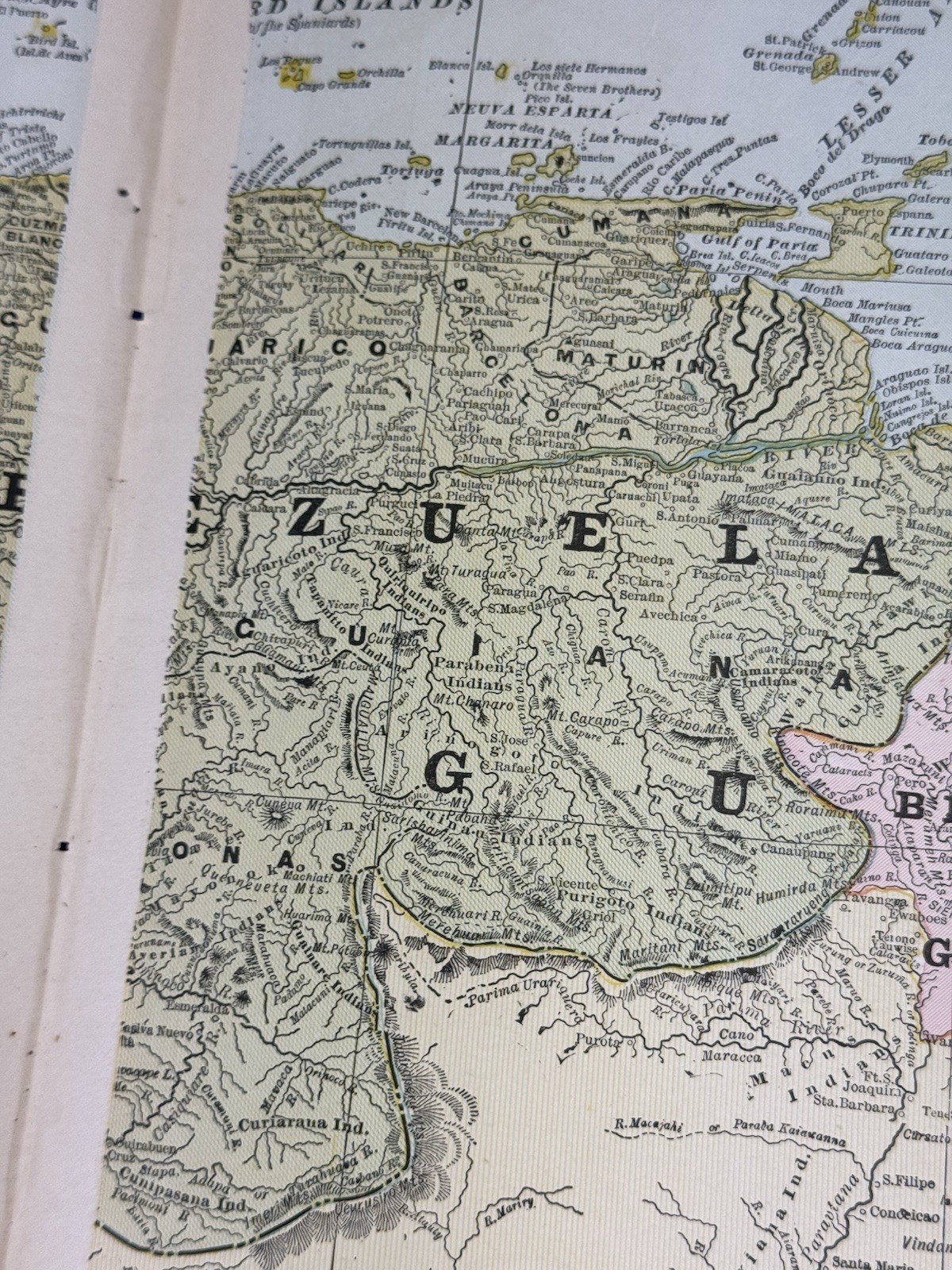 1897 VENEZUELA, COLUMBIA, ECUADOR, GUIANA Colored Map 21.75″ x 14.25″, Salvaged