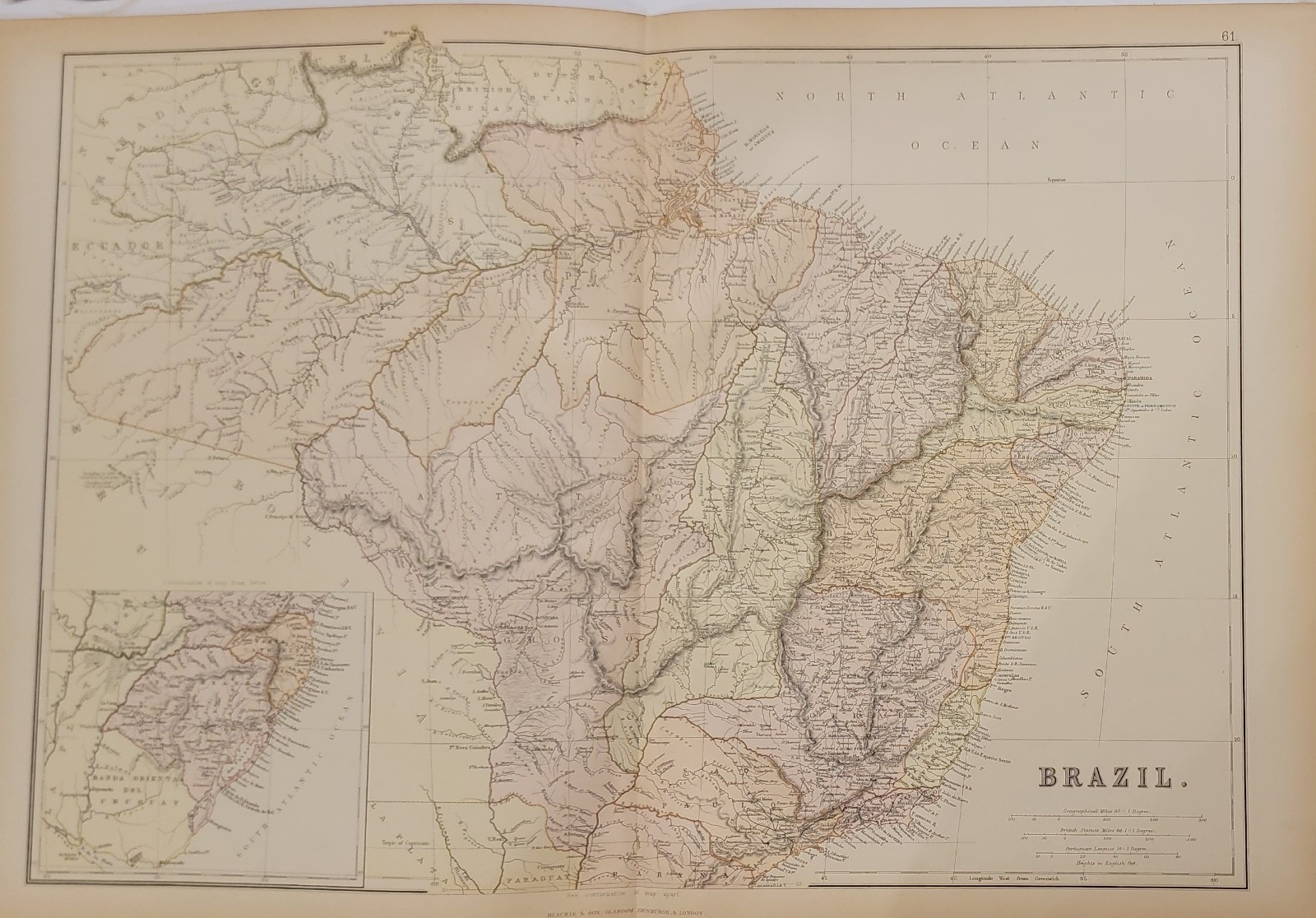 1882 Blackie large map Brazil Banda Oriental Uruguay printed color