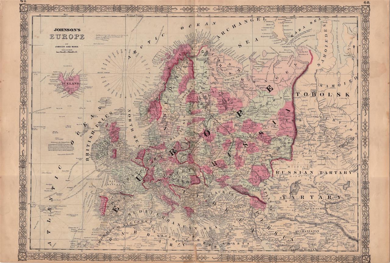 1864 ANTIQUE JOHNSON ATLAS MAP OF EUROPE-HAND COLORED