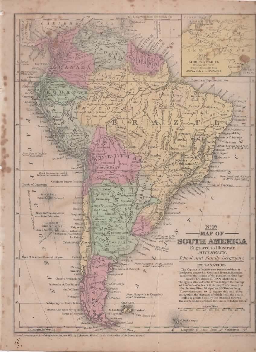 Map of South America 1852 Mitchell’s Map w/inset of Railroad Isthmus of Darien