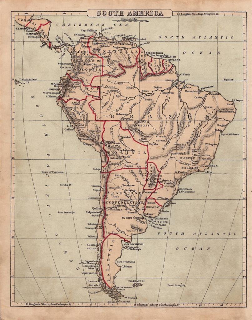 1875 ANTIQUE CORNELL ATLAS MAP OF SOUTH AMERICA-HAND COLORED