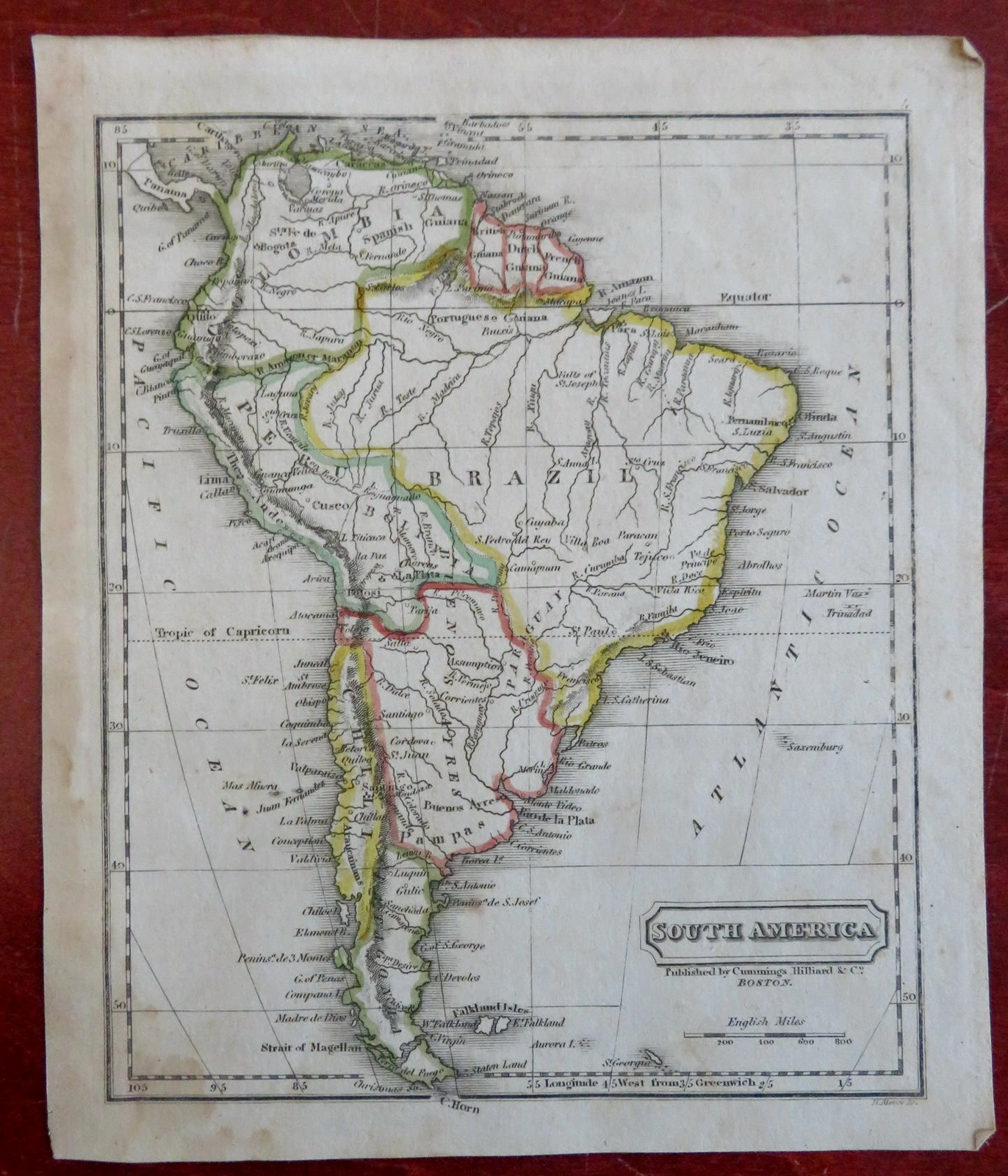 South America Brazil Peru Venezuela Chile 1824 Cummings Hilliard scarce map
