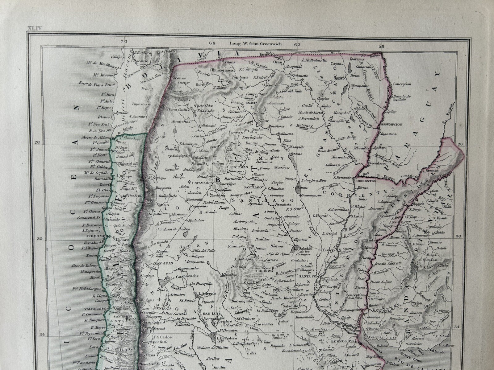 1850 Chile & La Plata Hand Coloured Antique Map By John Dower Showing Mountains