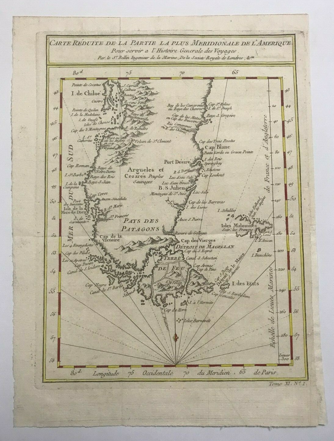PATAGONIA 1750 NICOLAS BELLIN NICE ANTIQUE ENGRAVED MAP 18TH CENTURY