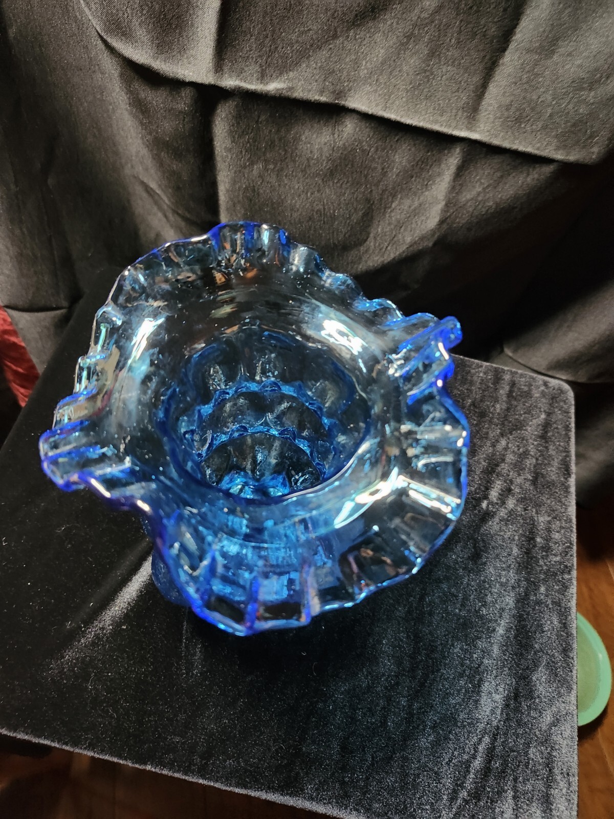 Vintage Ribbed Blue Art Glass Hooped Vase. Dunbar W. Virginia