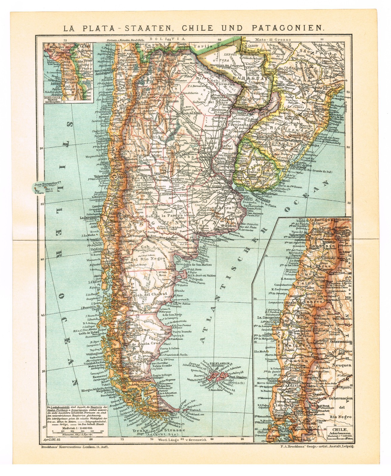 ARGENTINA CHILE BOLIVIA URUGUAY PARAGUAY dated 1911 Map Islas Malvinas Falkland