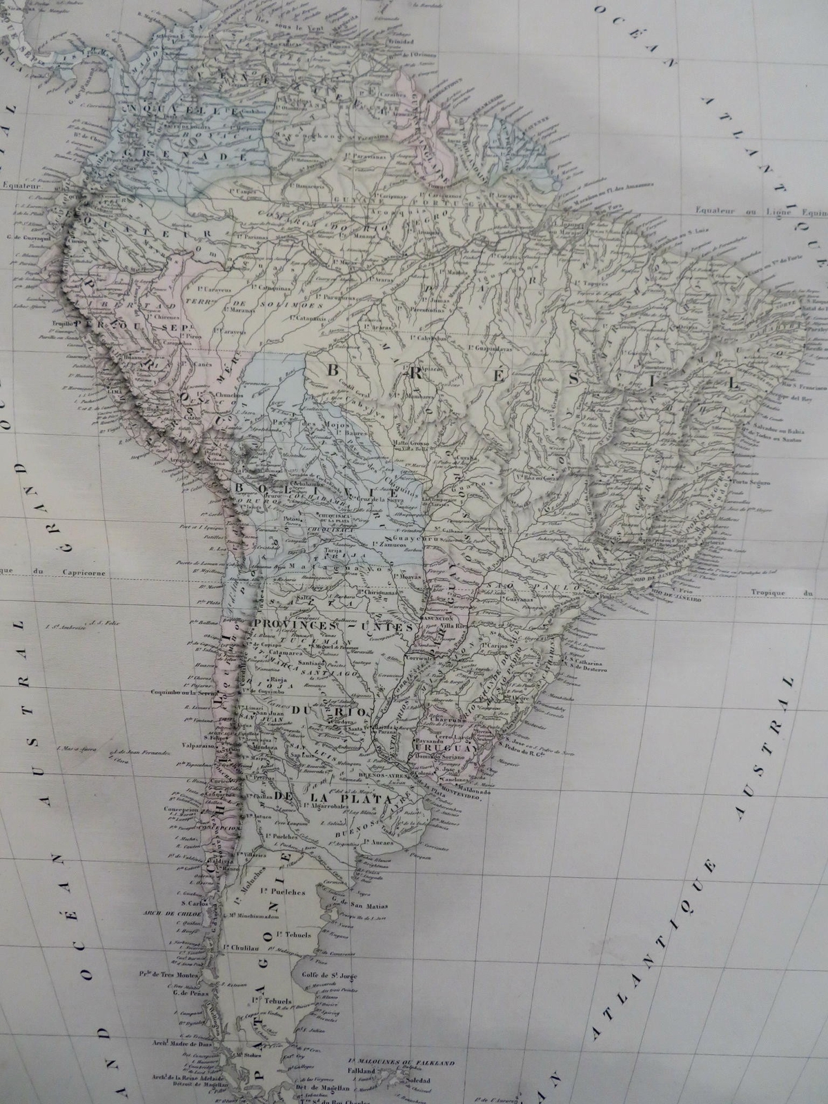 South America Brazil Peru Chile Venezuela 1861 Tardieu large hand color map