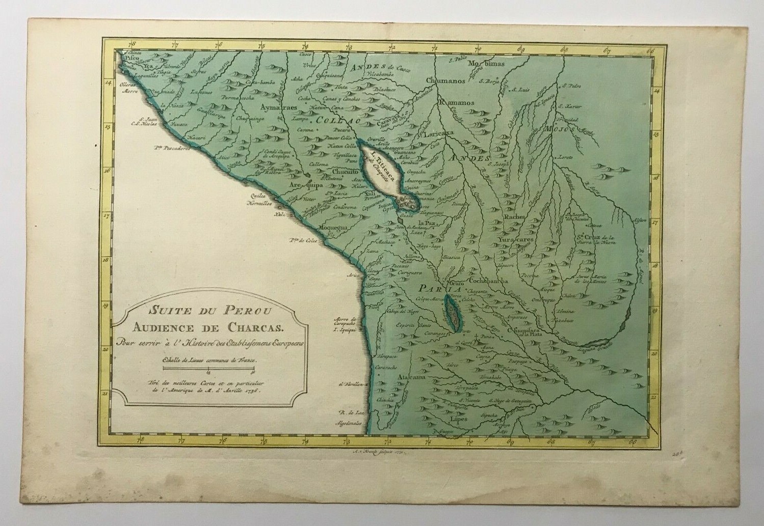PERU 1771 by NICOLAS BELLIN NICE ANTIQUE ENGRAVED MAP 18TH CENTURY
