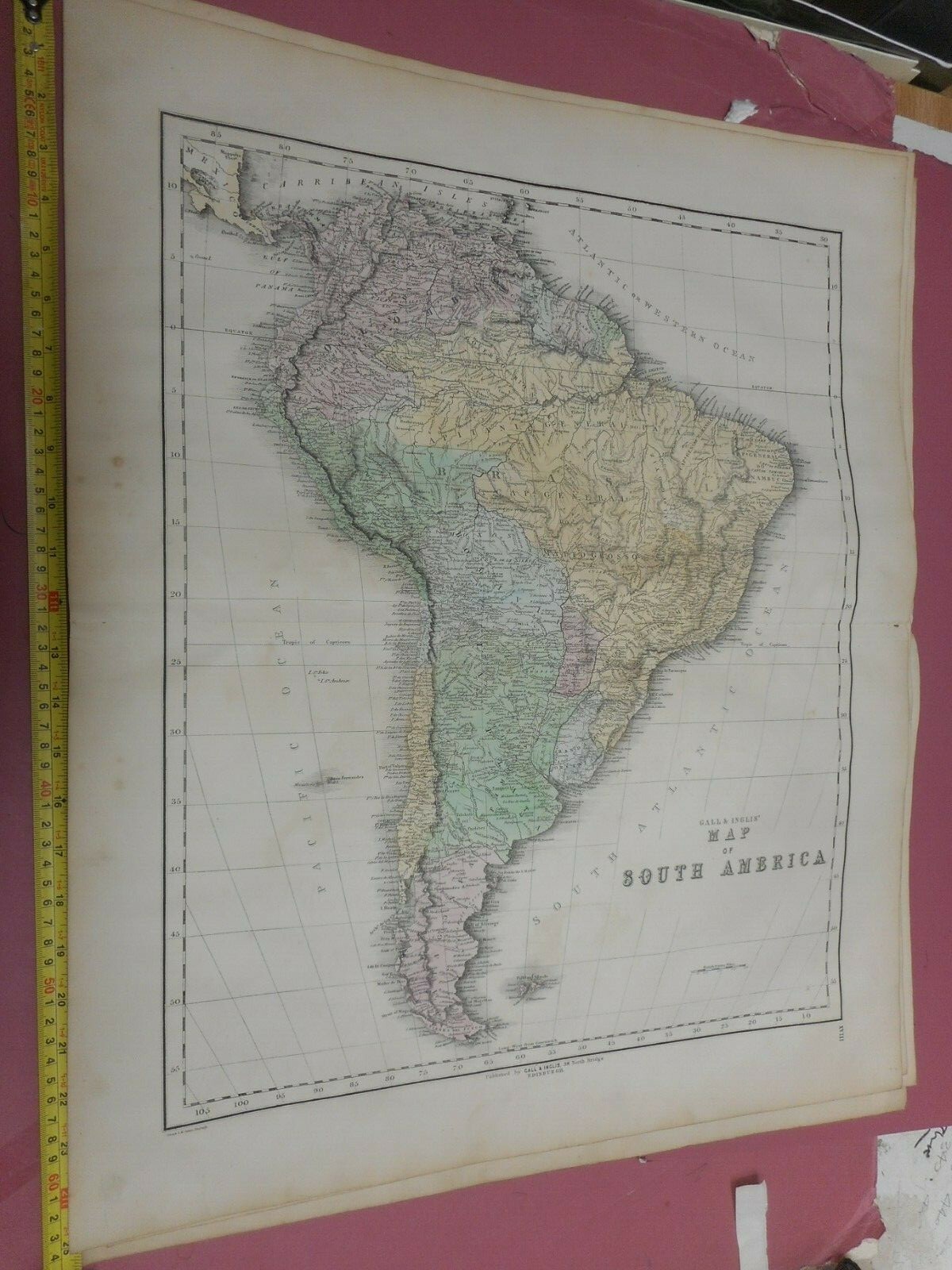 100% ORIGINAL LARGE SOUTH AMERICA MAP BY GALL INGLIS C1856 VGC COLOURED