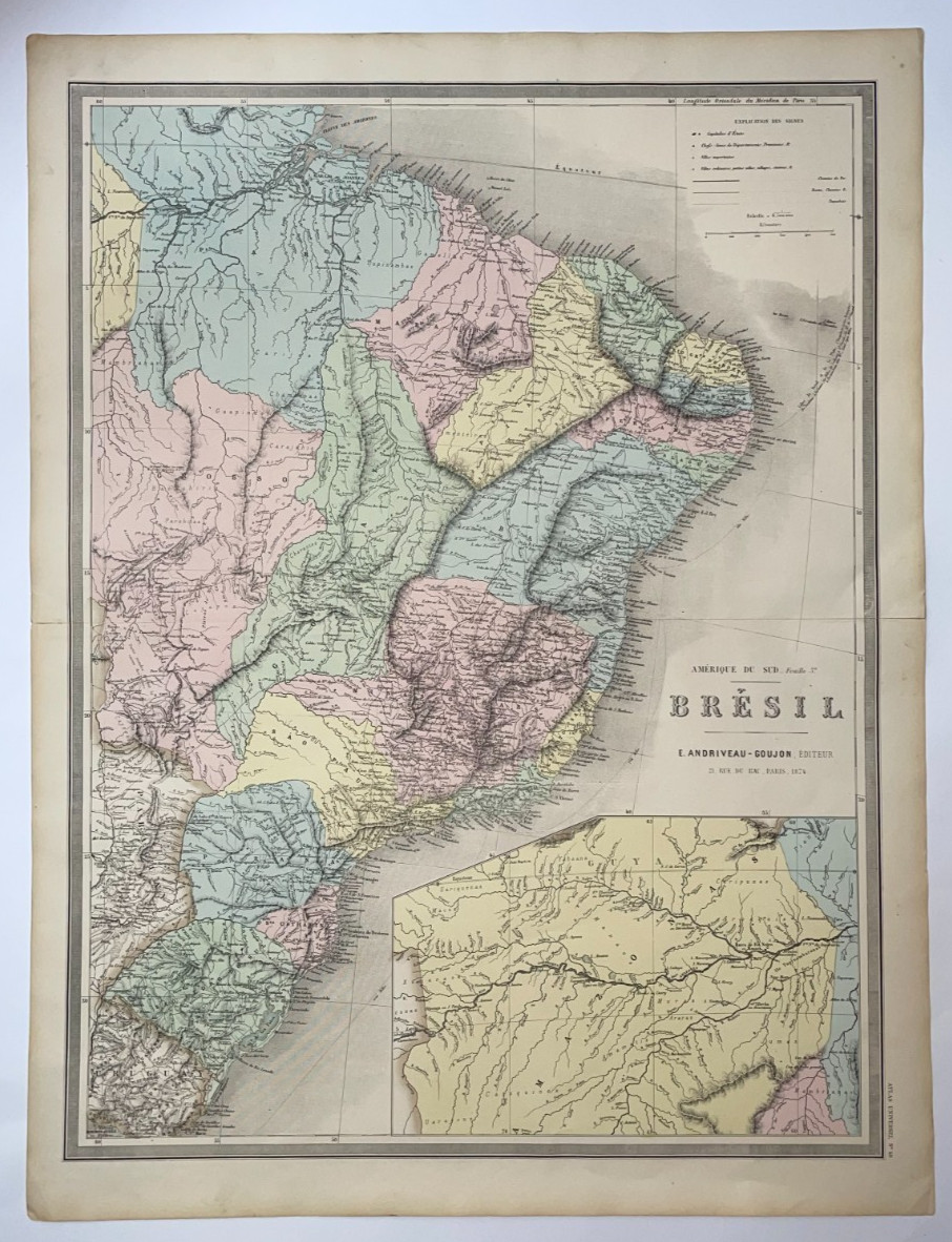 BRAZIL 1878 ANDRIVEAU-GOUJON LARGE ANTIQUE MAP 19TH CENTURY