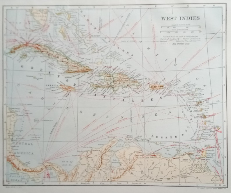 Antique 1914 Atlas Map of Panama Canal & West Indies Porto Rico Cuba Haiti L@@K!