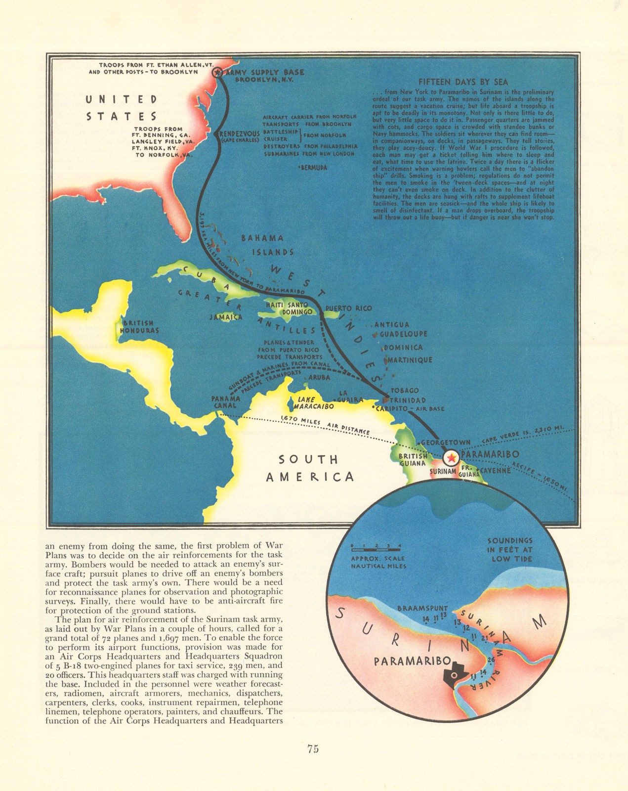 15 Days by Sea—New York-Paramaribo troop-transport route—Fortune 1940 old map