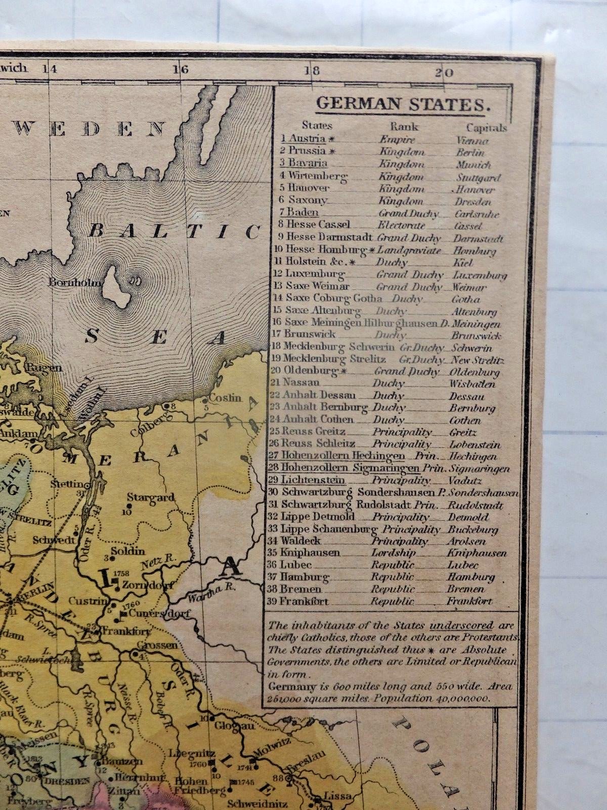 1848 Mitchell Atlas Color Map – Germany, Switzerland, No.Italy. 8 1/4 x 10 1/4