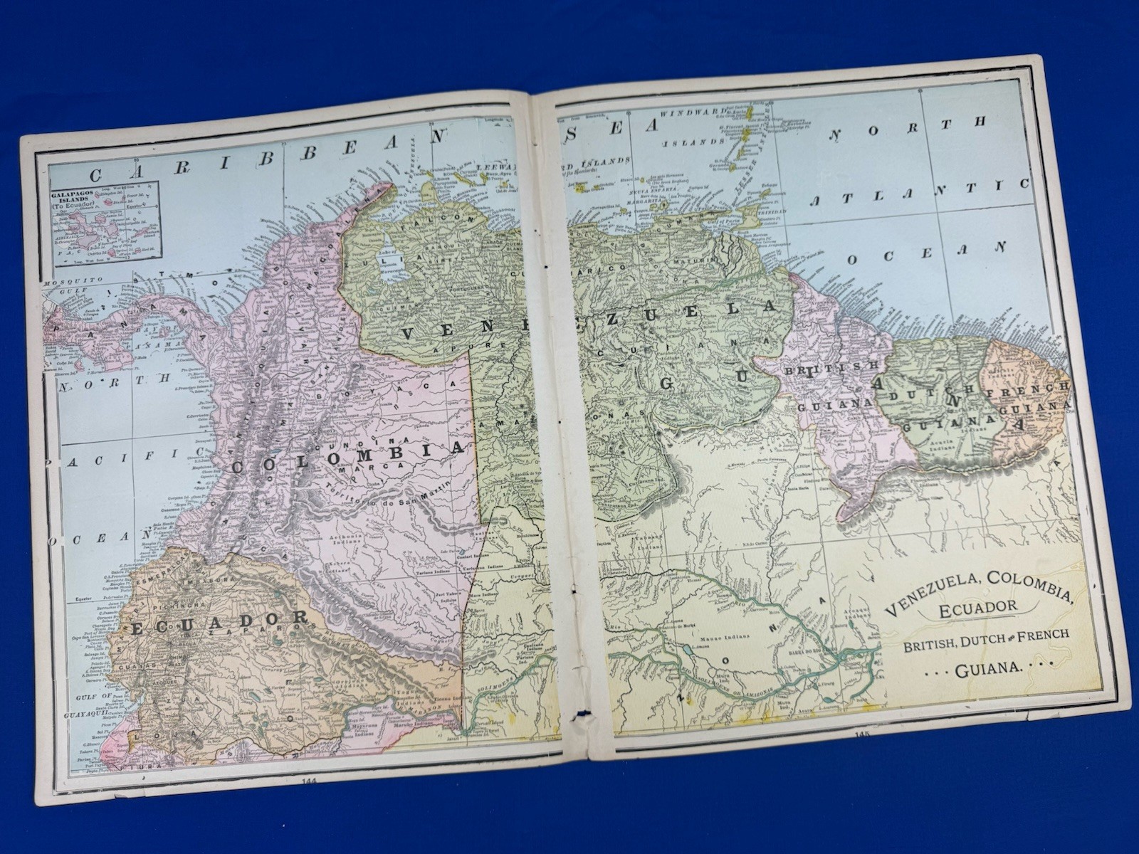 1897 VENEZUELA, COLUMBIA, ECUADOR, GUIANA Colored Map 21.75″ x 14.25″, Salvaged