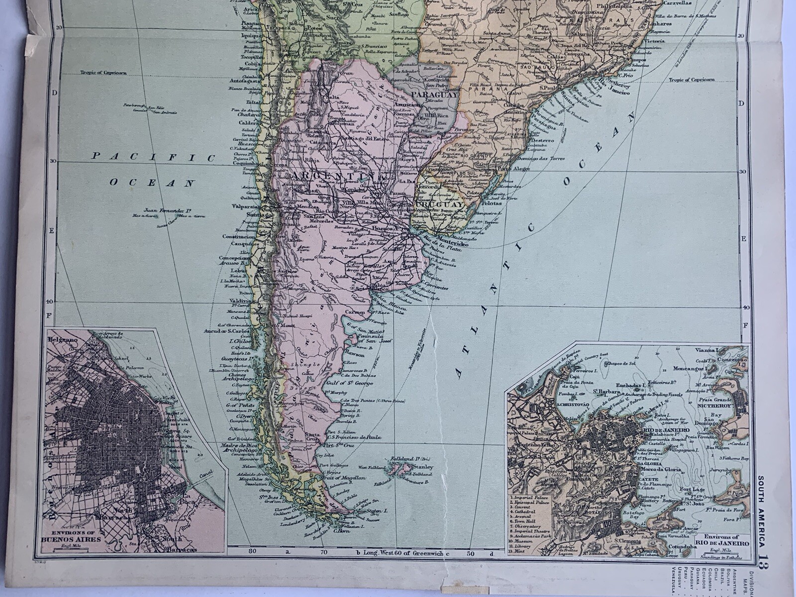 1908 South America Antique Map by G.W. Bacon inset plans of Rio & Buenos Aires