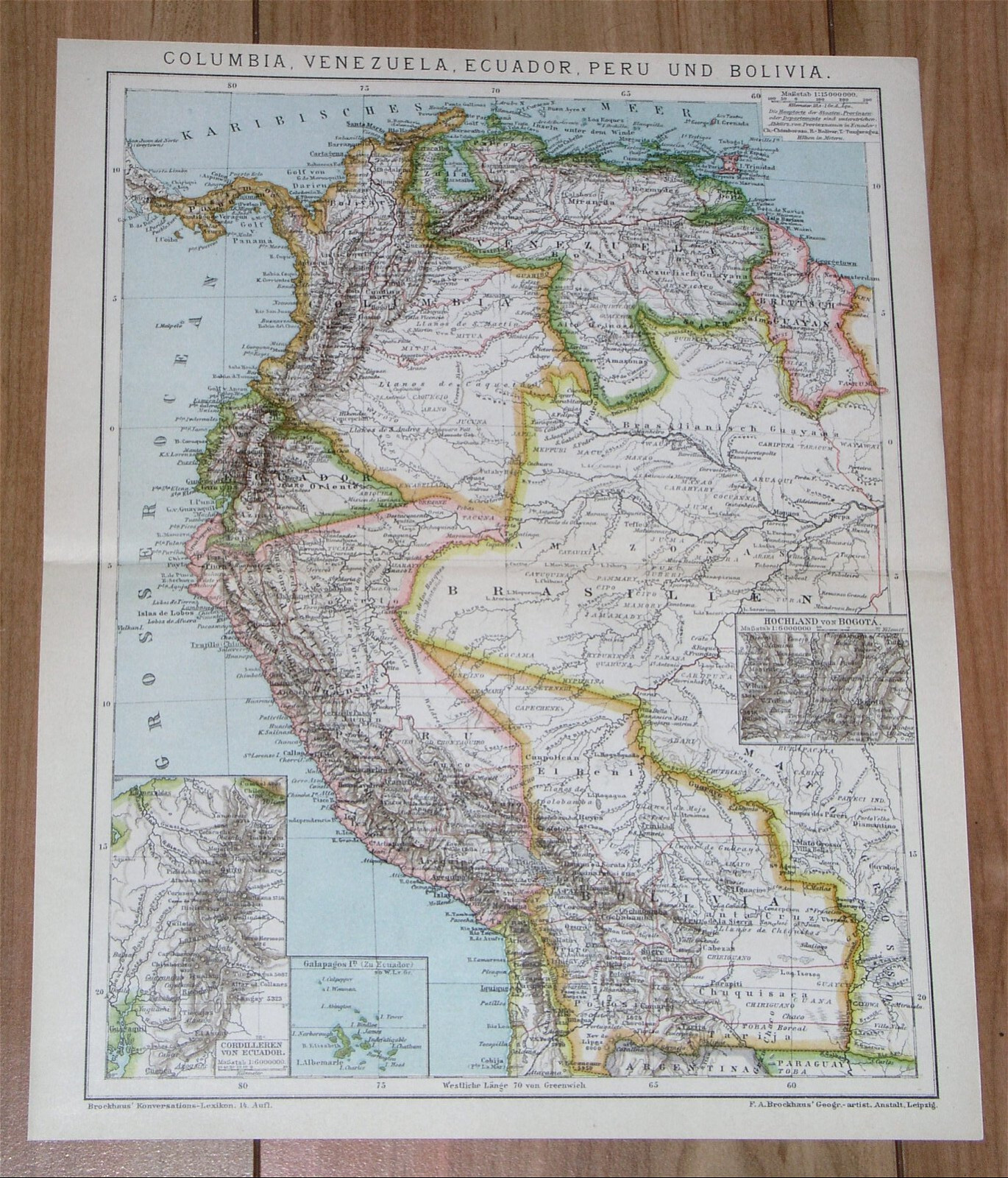 1900 ANTIQUE MAP OF COLOMBIA VENEZUELA ECUADOR PERU BOLIVIA / SOUTH AMERICA