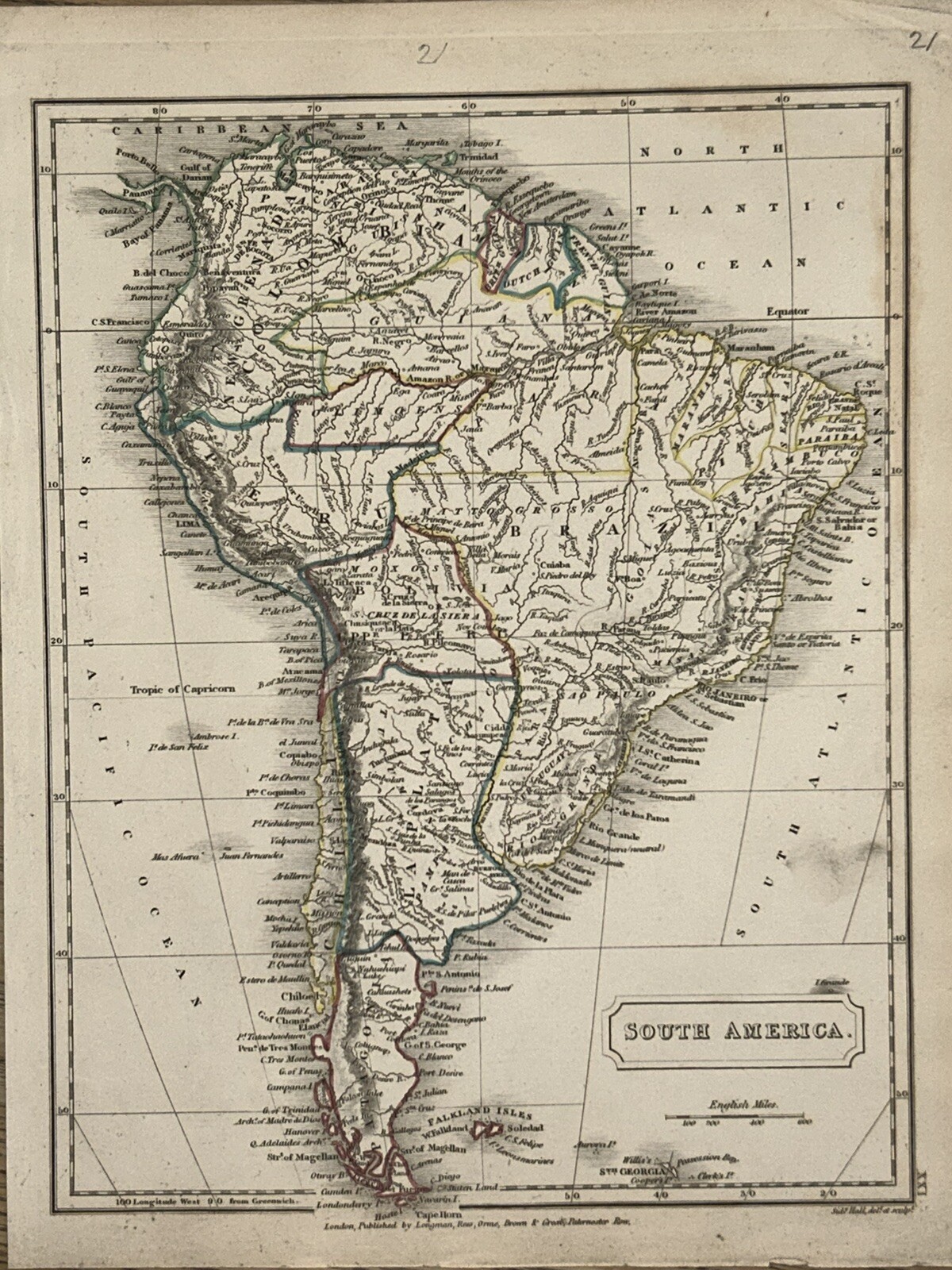 1840 South America Original Antique Hand Coloured Map by Sidney Hall
