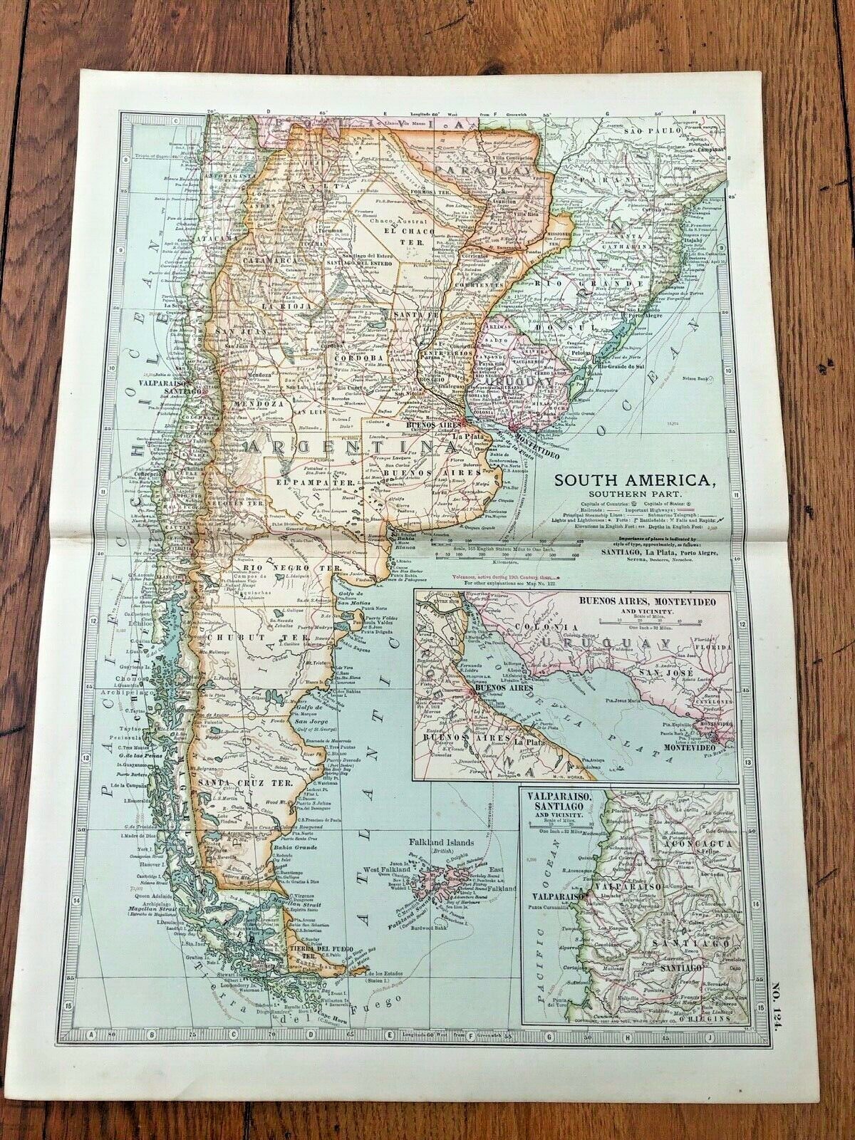 1903 large colour fold out map titled ” south america – southern part “