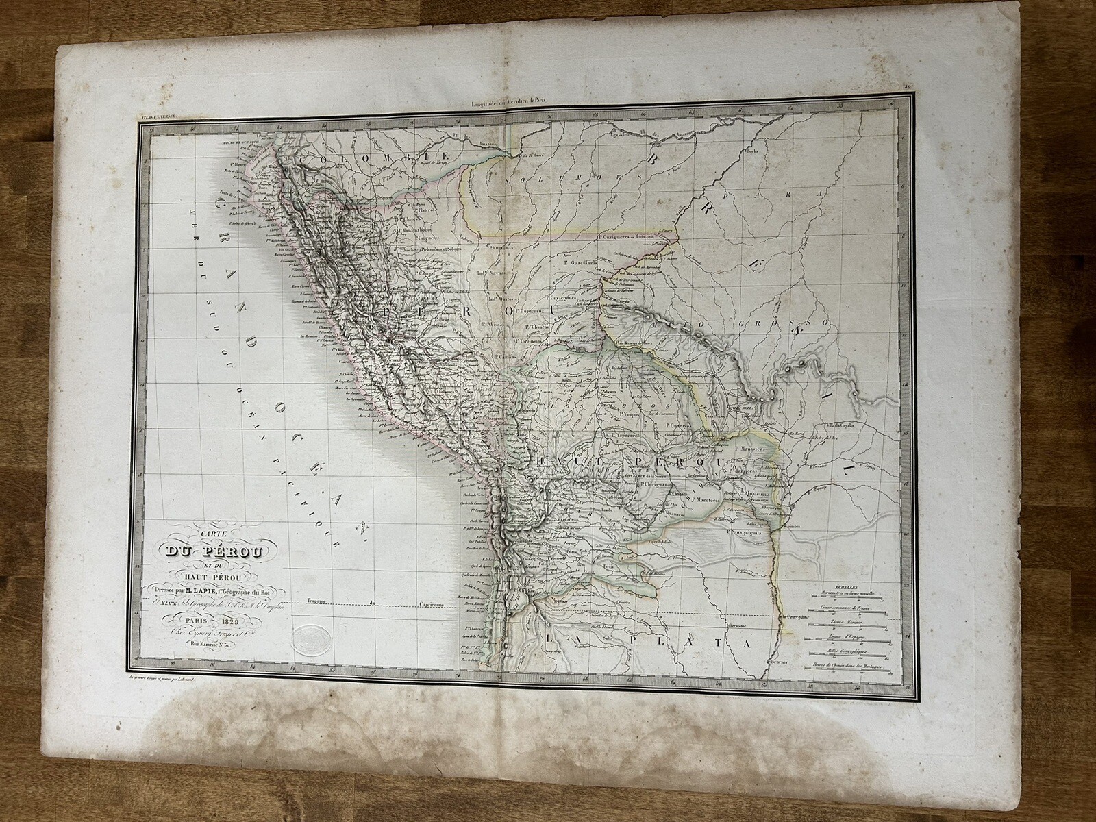 Rare Vintage Antique Old Large map, Lapie Map 1829 Peru, South America,