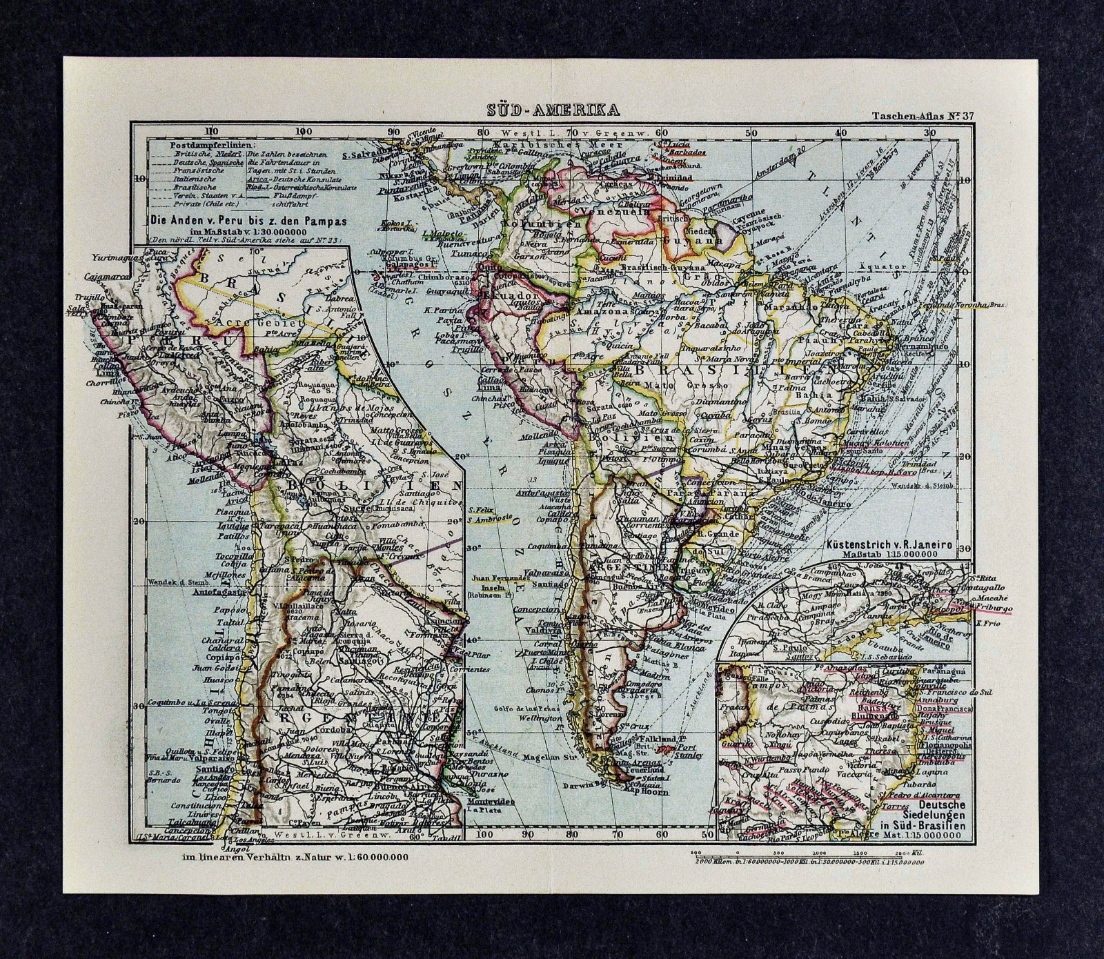 c1925 Taschen Atlas Map South America Brazil Rio de Janeiro Argentina Peru Chile