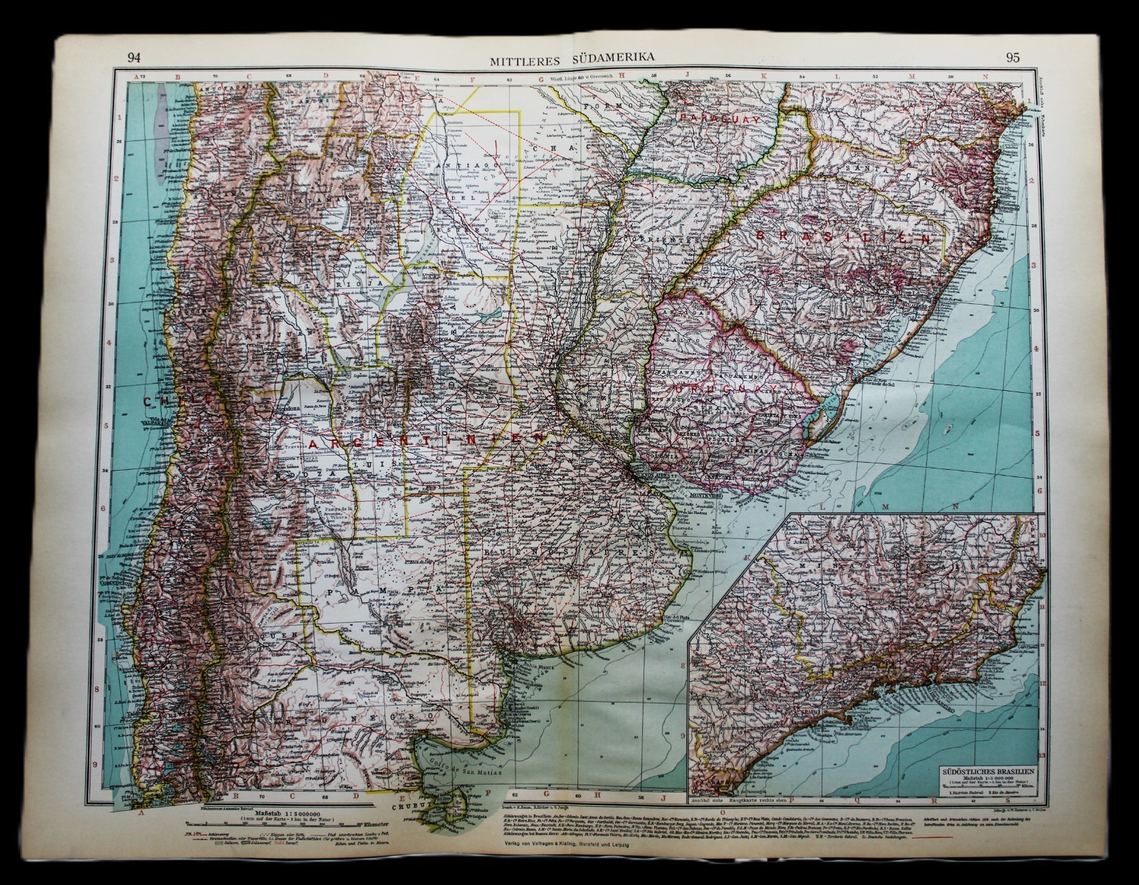 ANDREES HAND ATLAS MAP PLATE PAGE NO.94-95 CENTRAL SOUTH AMERICA 1937 VINTAGE