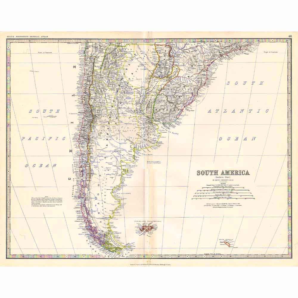 SOUTH AMERICA (South Section) – Large Antique Map 1878 by Keith Johnston
