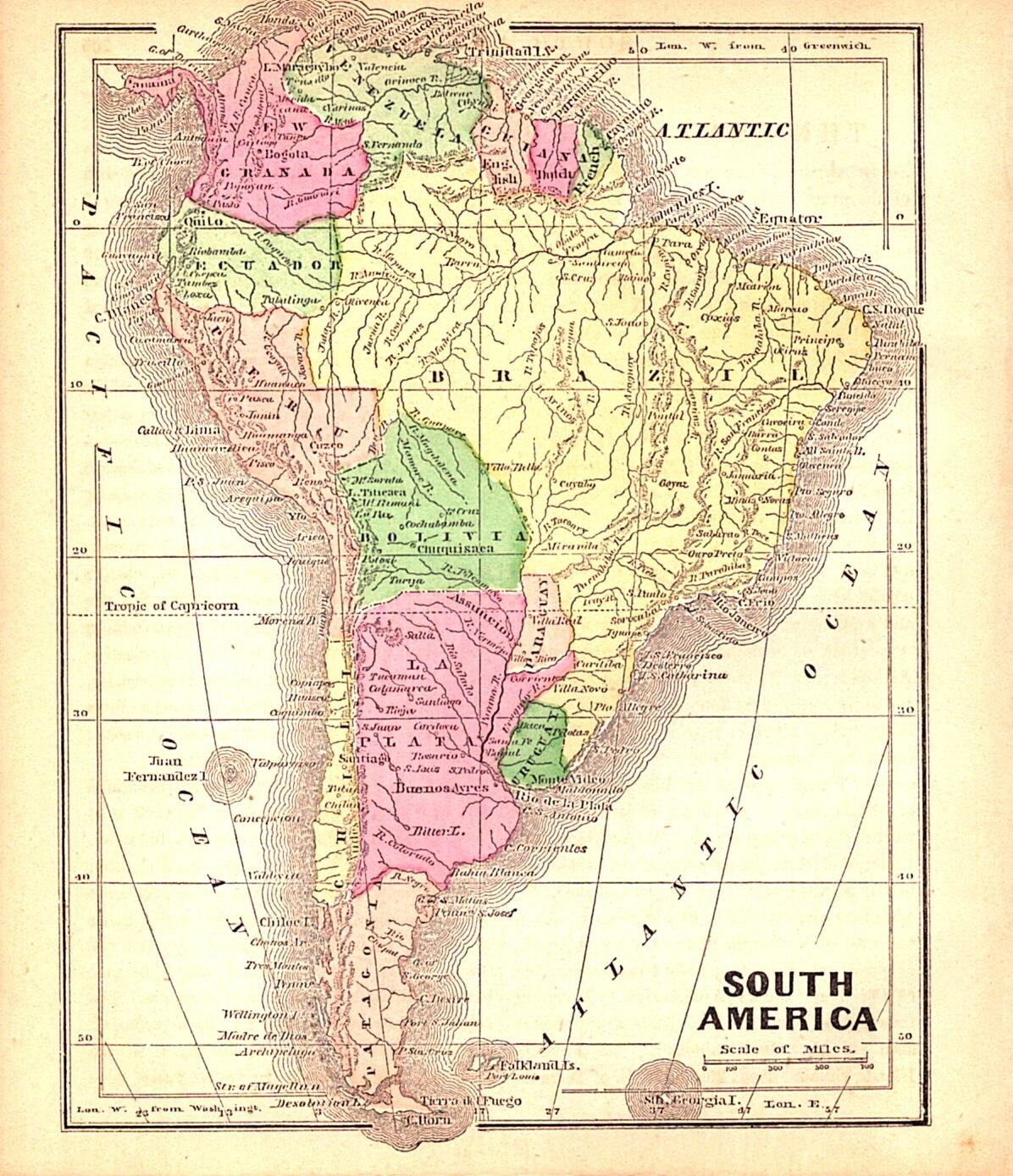 “SOUTH AMERICA” Antique original hand colored miniature map 1857