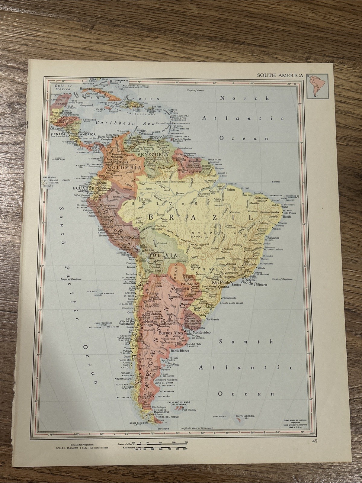 Antique 1952 Map Of South America 14”x11”