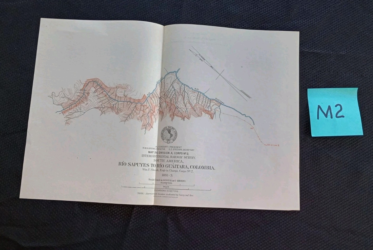 1891 Vintage Army Engineering Railroad RR Sketch Survey Map Rio Sapuyes Columbia