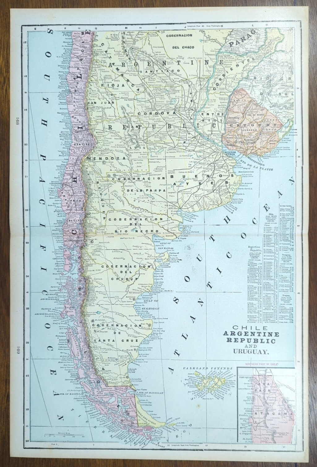 Vintage 1901 CHILE ARGENTINE REPUBLIC URUGUAY Map 14″x22″ Old Antique Original