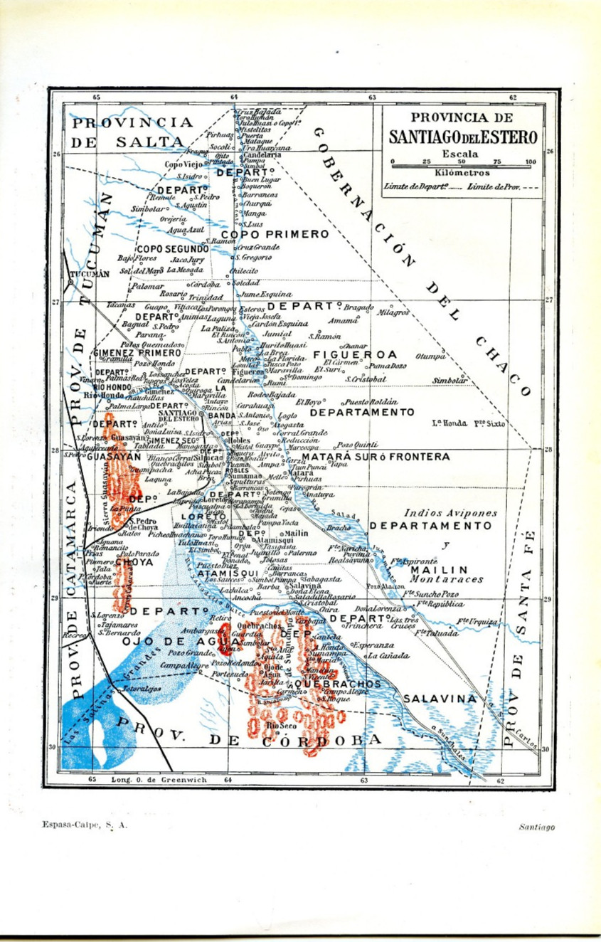 1920s Antique Map Santiago Del Estero Argentina South America Retro Wall Art