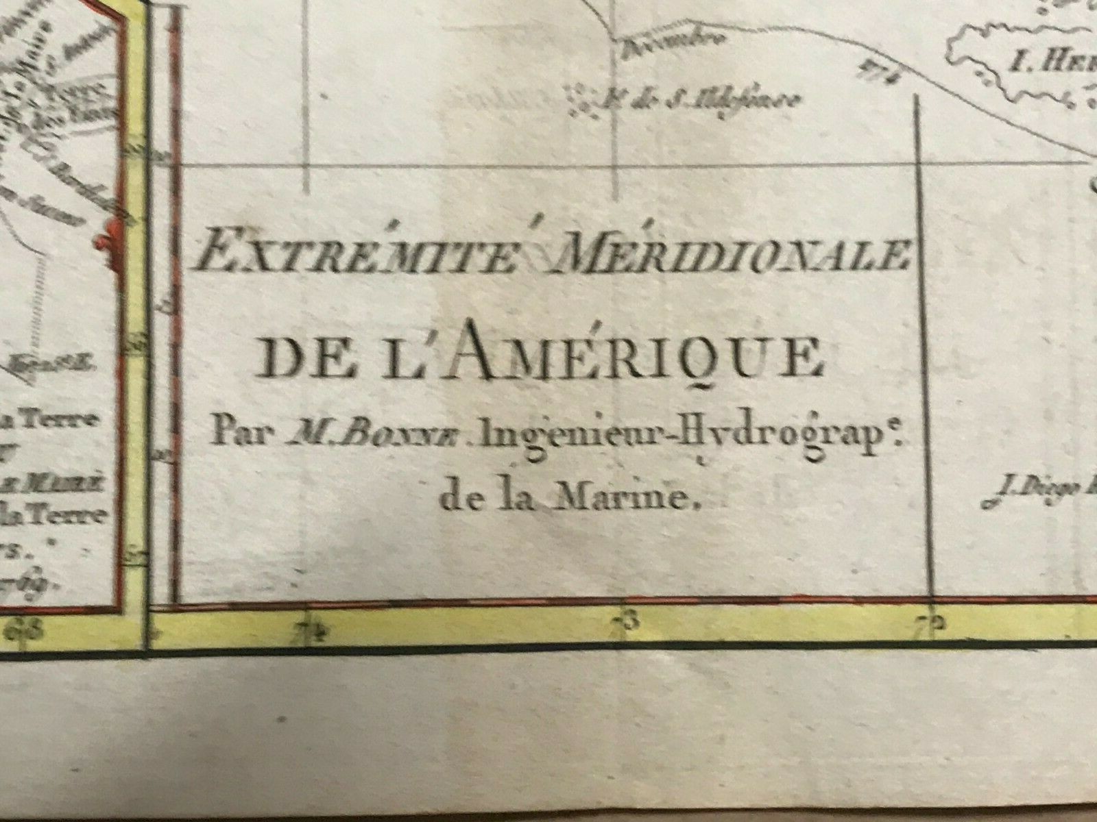 STRAIT OF MAGELLAN 1780 by RIGOBERT BONNE ANTIQUE MAP XVIIIe CENTURY IN COLORS