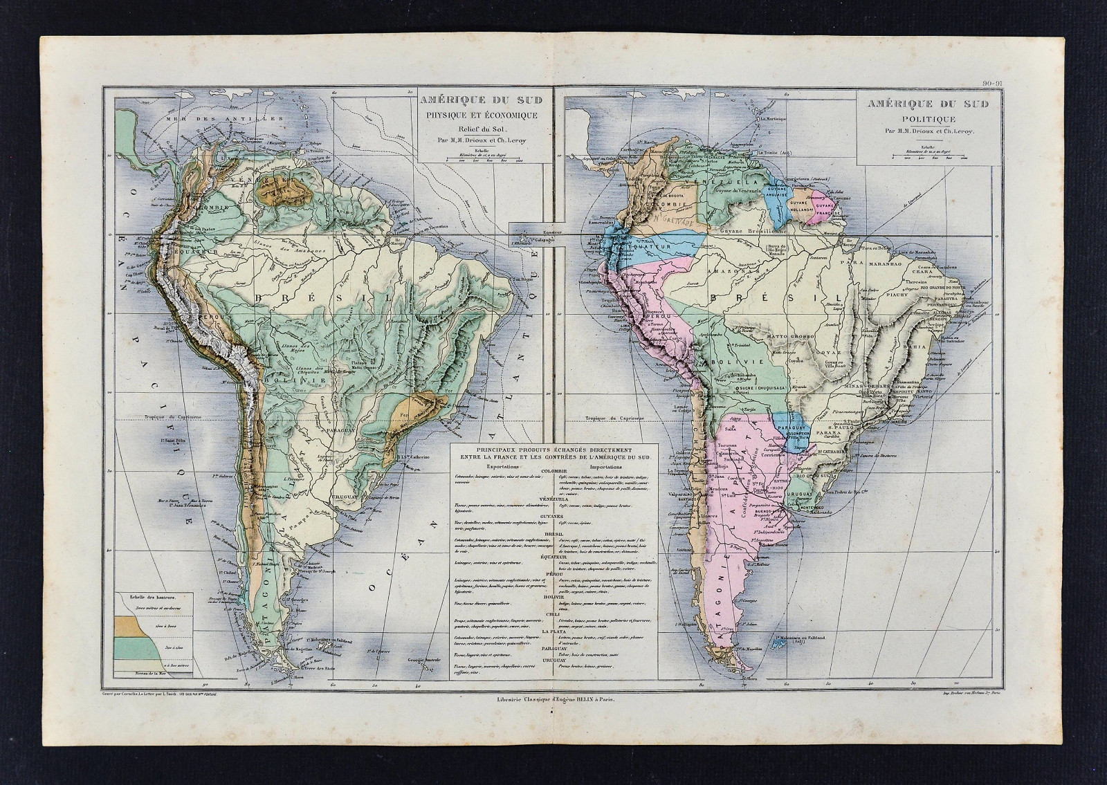 1885 Drioux Map – South America Political & Physical Brazil Argentina Chile Peru