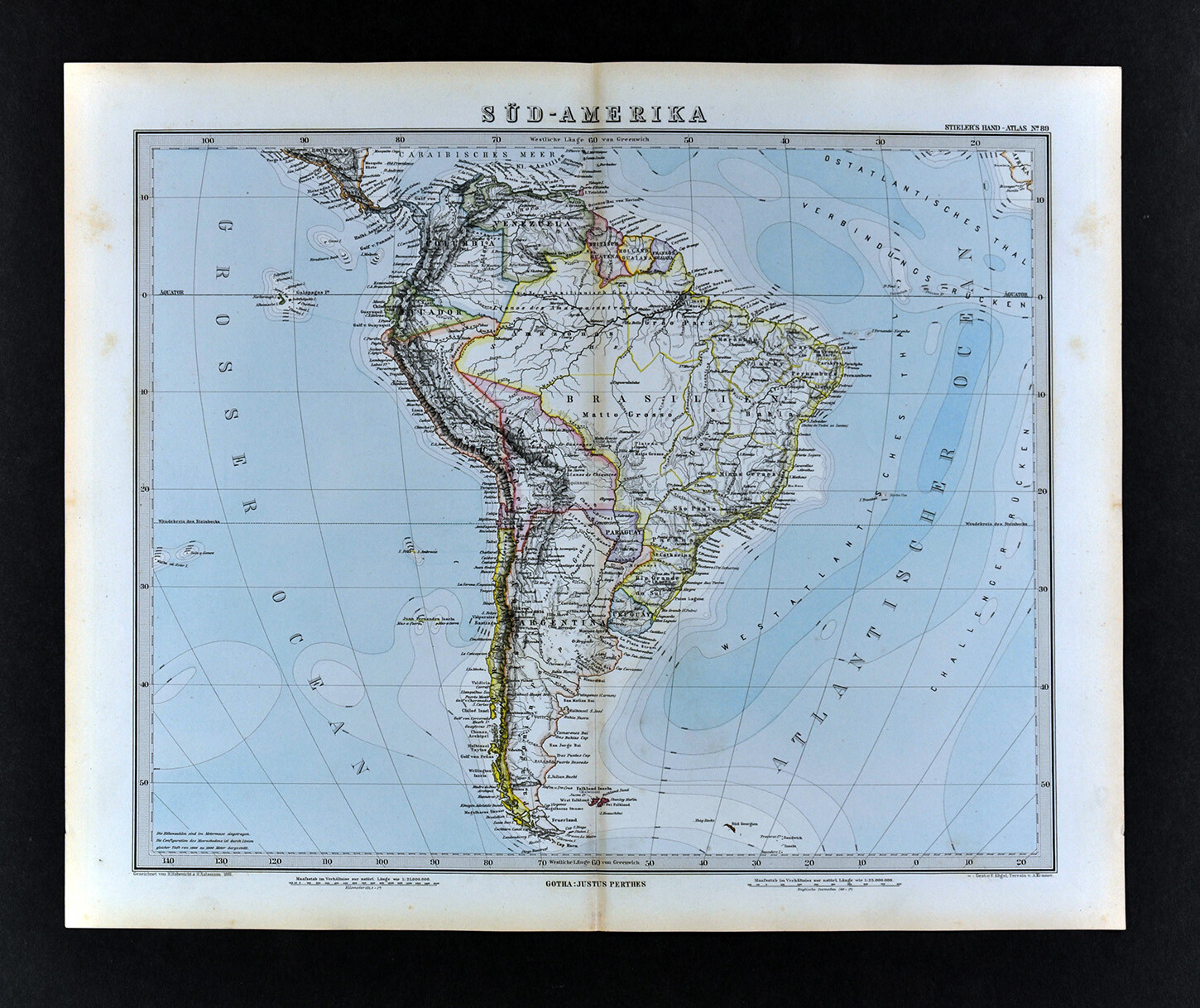 1881 Stieler Map South America Brazil Argentina Colombia Peru Chile Bolivia Rio