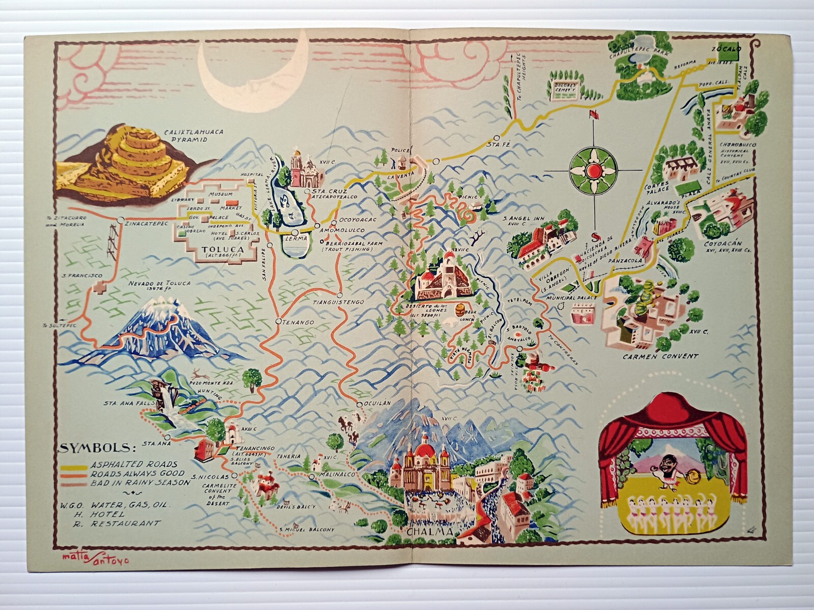 1935 Pictorial Map, Matias Santoyo, Toluca, Chalma, Mexico