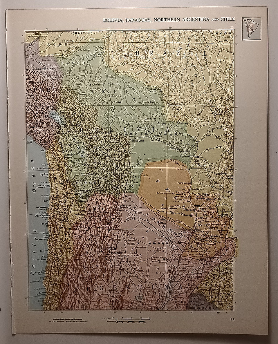 Vintage BOLIVIA & PARAGUAY Map 1962 MSM Rand McNally Cosmopolitan World Atlas