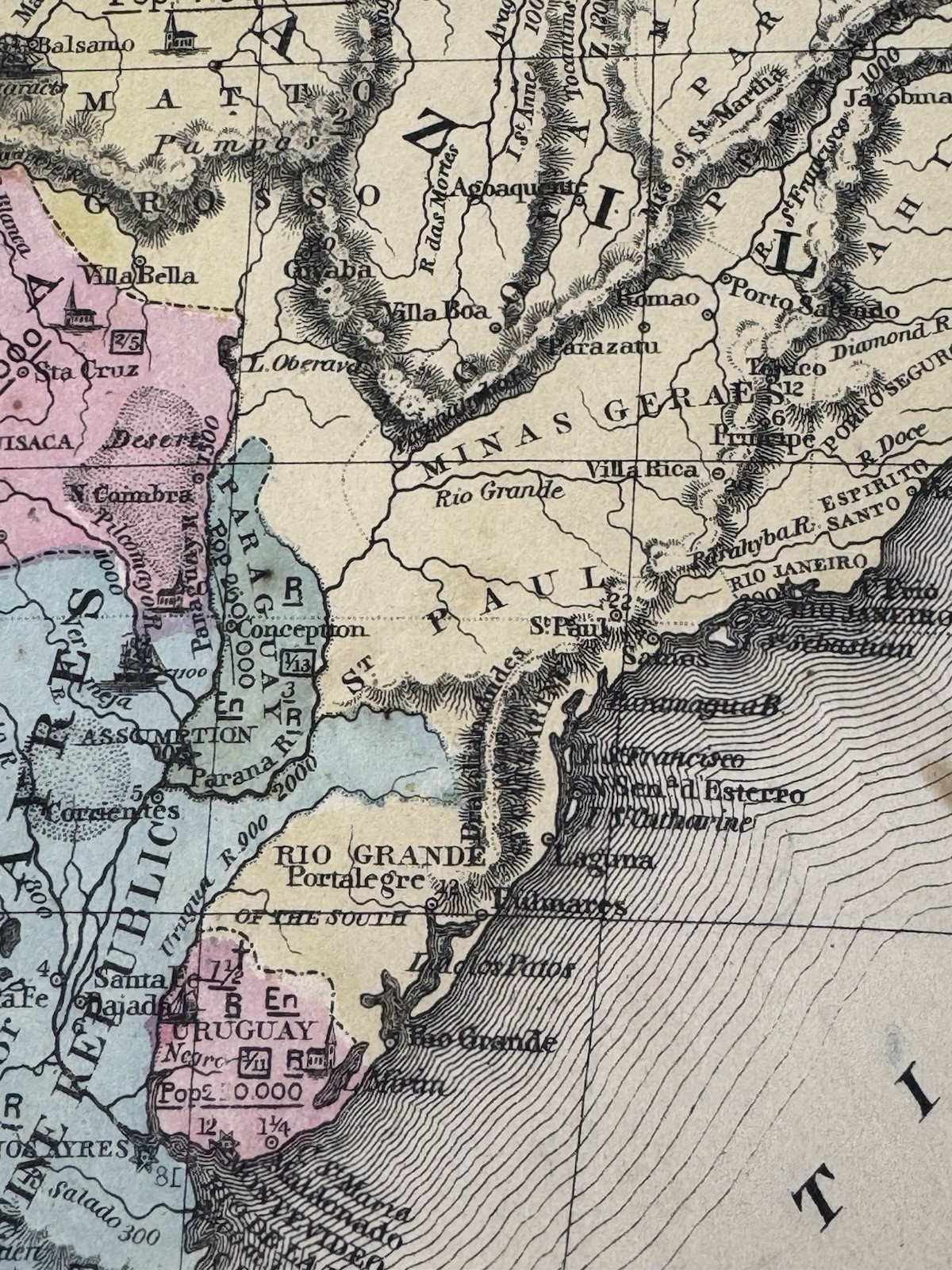 1847 Hand Colored Map SOUTH AMERICA ~ SHIPS, Churches, Crosses, Indoctrination