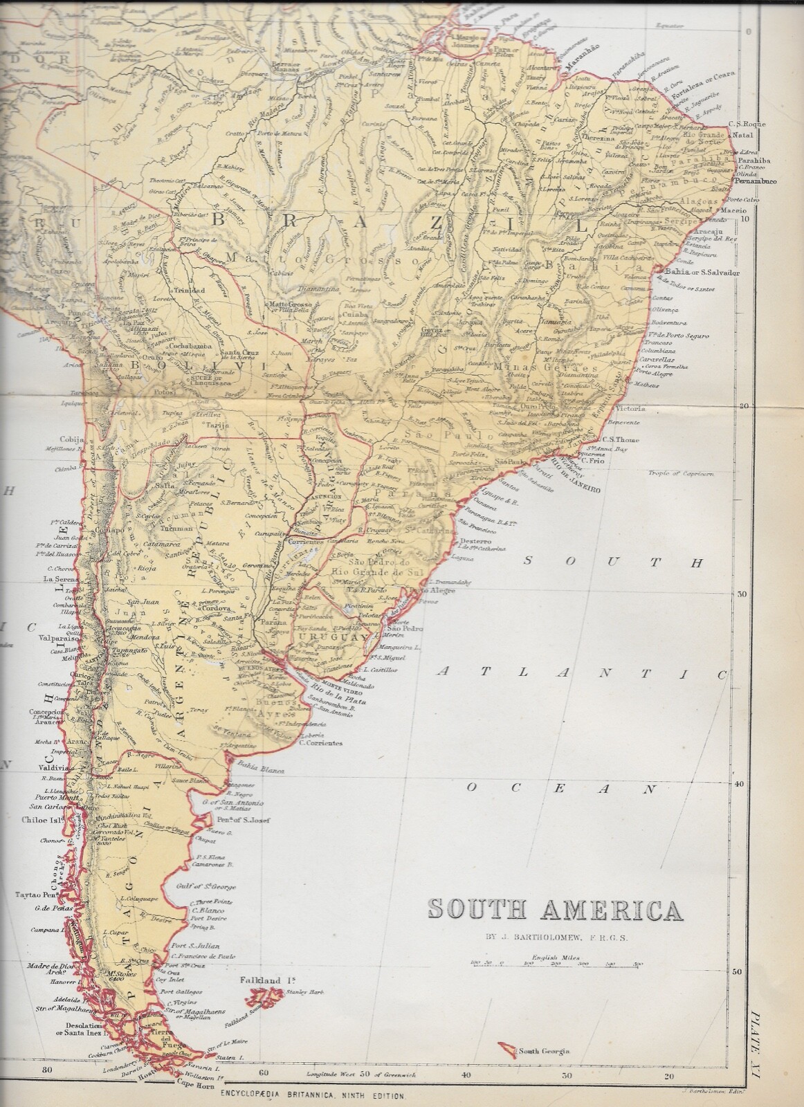 1878 Color Map of South America by J. Bartholomew