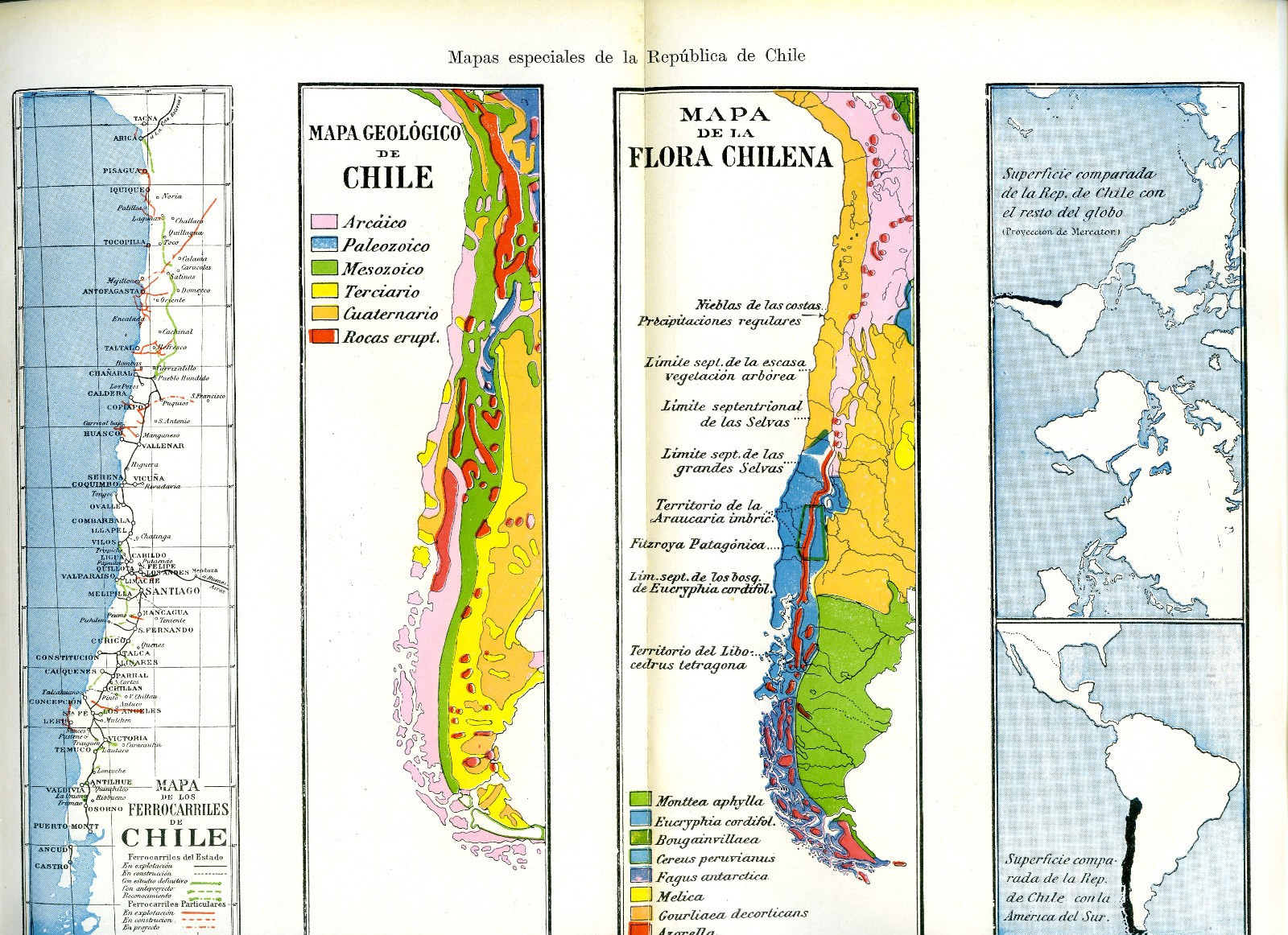 1920s Antique Geological Railways Map Chile Santiago + Coat of Arms Print