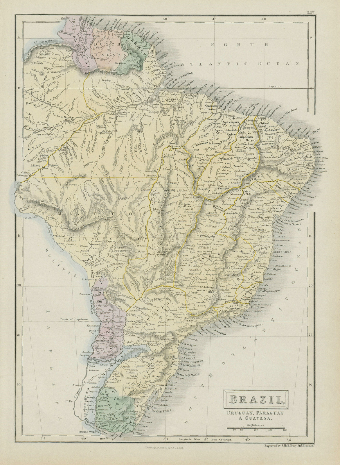 Brazil, Uruguay, Paraguay & Guayana. Banda Oriental. Guianas. HALL 1856 map