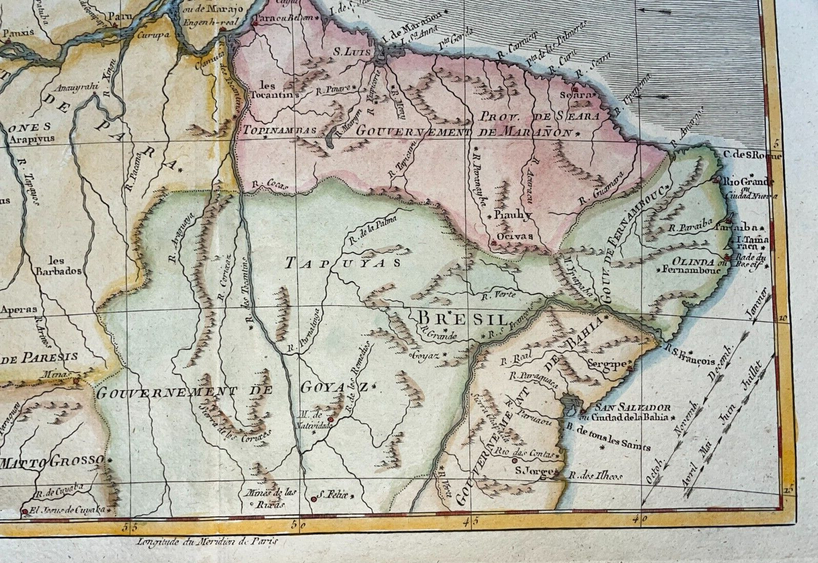 NORTHERN BRAZIL 1780 RIGOBERT BONNE ANTIQUE MAP 18TH CENTURY IN COLORS