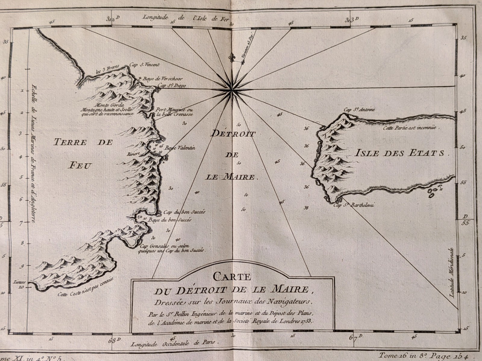1753 Bellin Detroit Le Maire Strait Tierra del Fuego Antique Map Isle des Etats