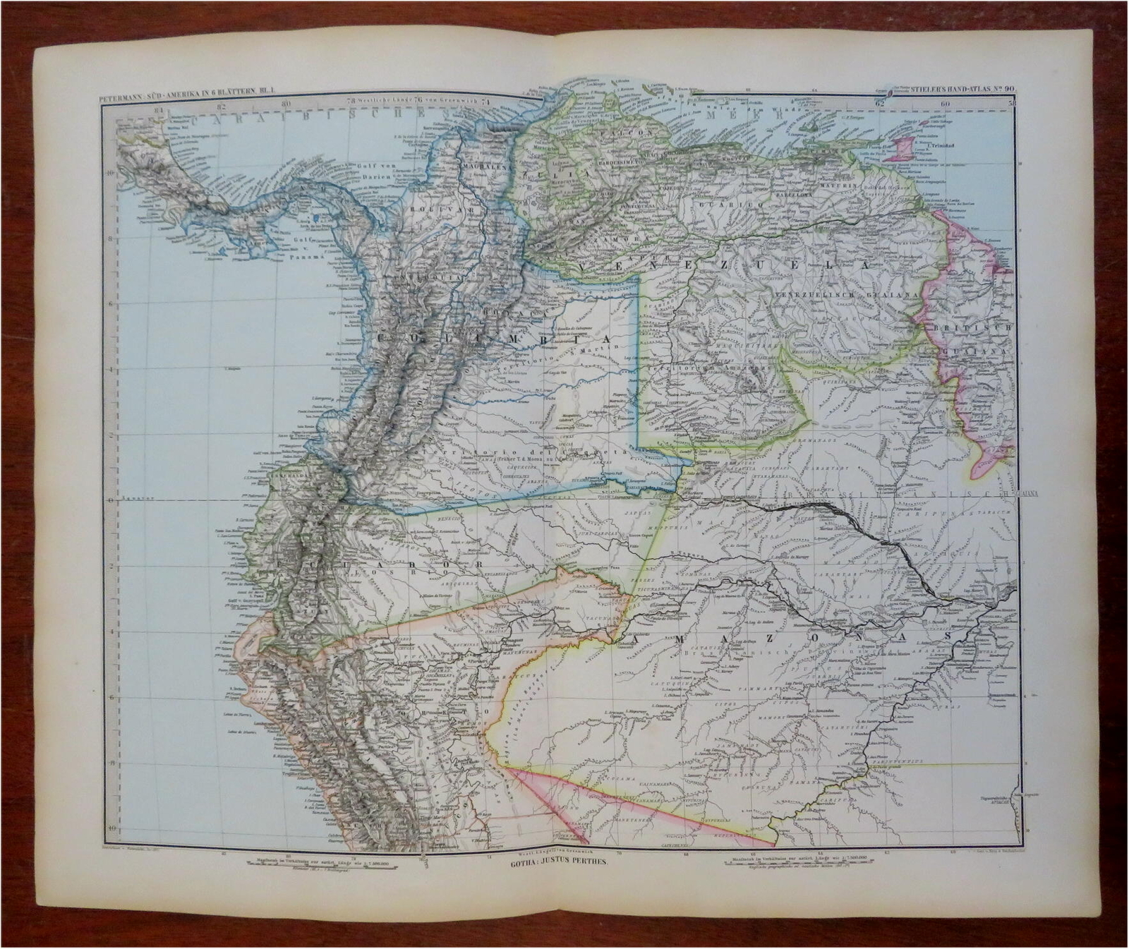 Columbia Venezuela Ecuador Guyana South America 1883 Petermann detailed map