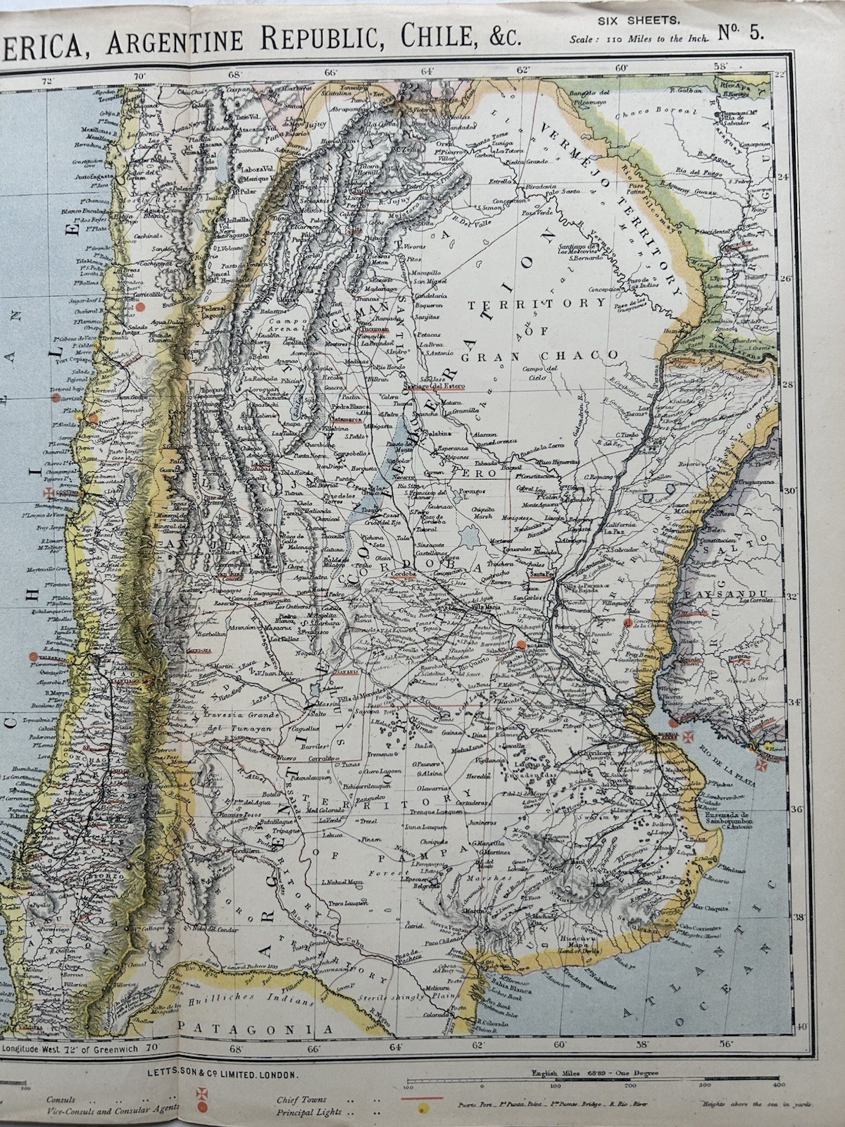 1883 Argentina & Chile Original Antique Colour Map by Letts