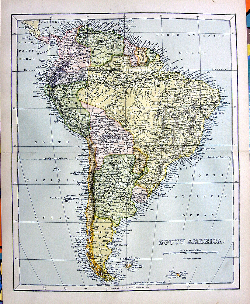 SOUTH AMERICA MAP BRAZIL ARGENTINA CHILE PERU VENEZUELA 1876 Art Print Engraving