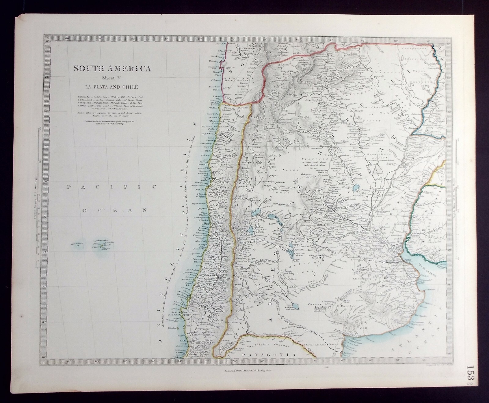 SOUTH AMERICA, LA PLATA, CHILE, ARGENTINA, original antique map, SDUK c.1858