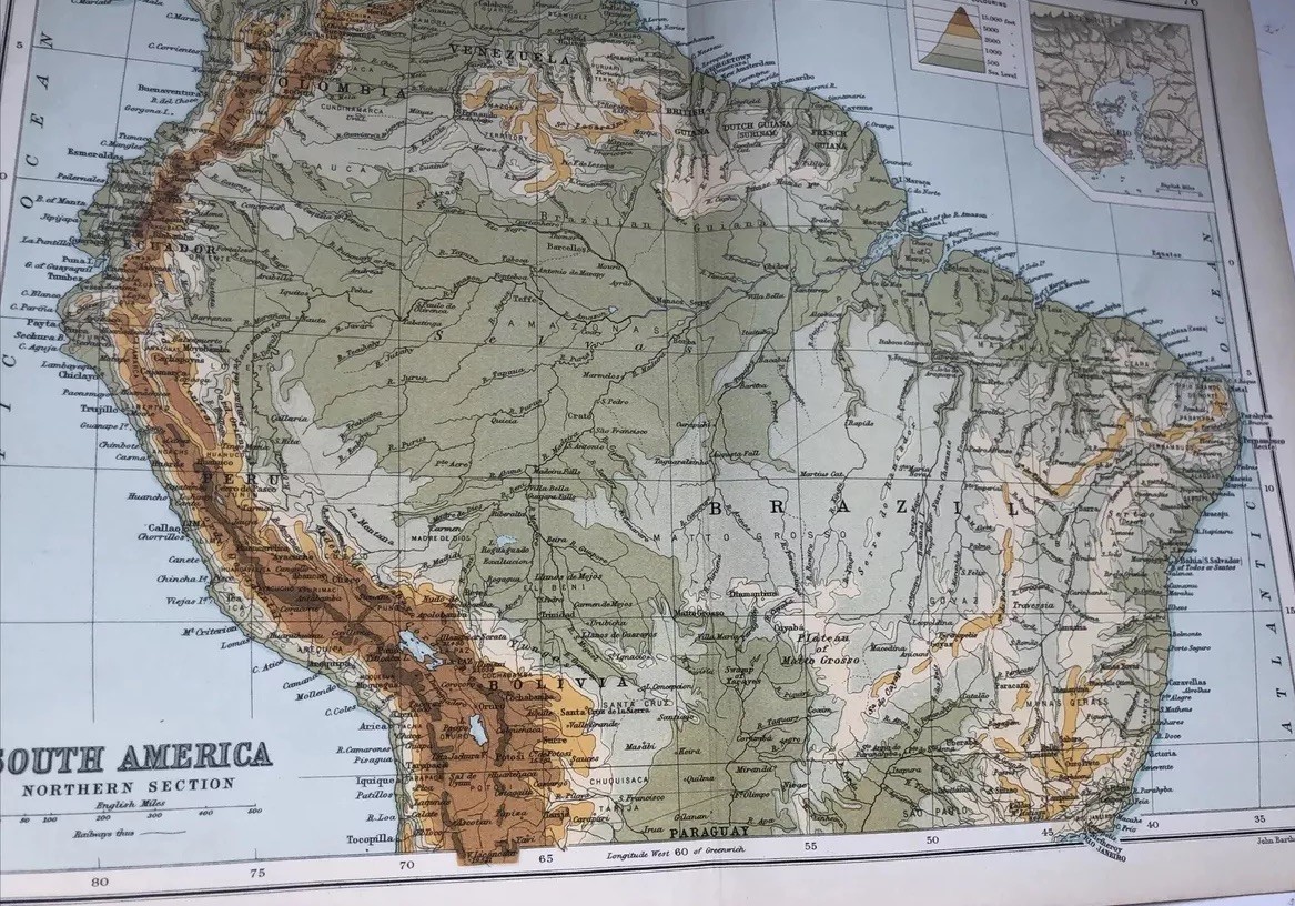 1910: Antique Map Of South America Northern Section Original Physical #76 CS