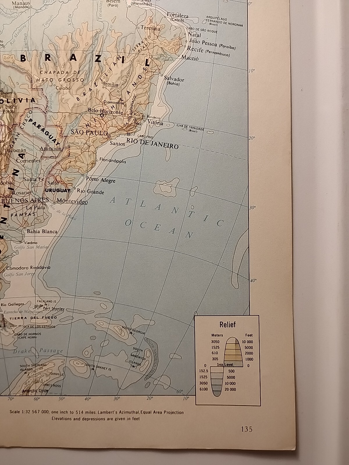 Vintage SOUTH AMERICAN RELIEF Map 1965 MSM Rand McNally Cosmopolitan World Atlas