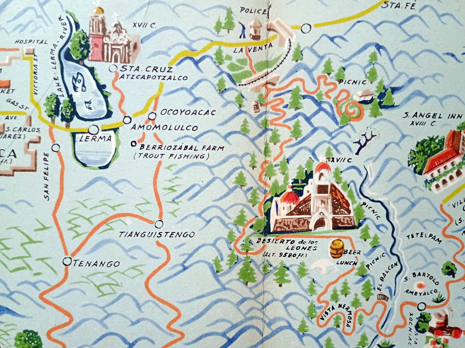 1935 Pictorial Map, Matias Santoyo, Toluca, Chalma, Mexico